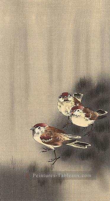 three tree sparrows in a rain shower Ohara Koson Shin hanga Peintures à l'huile